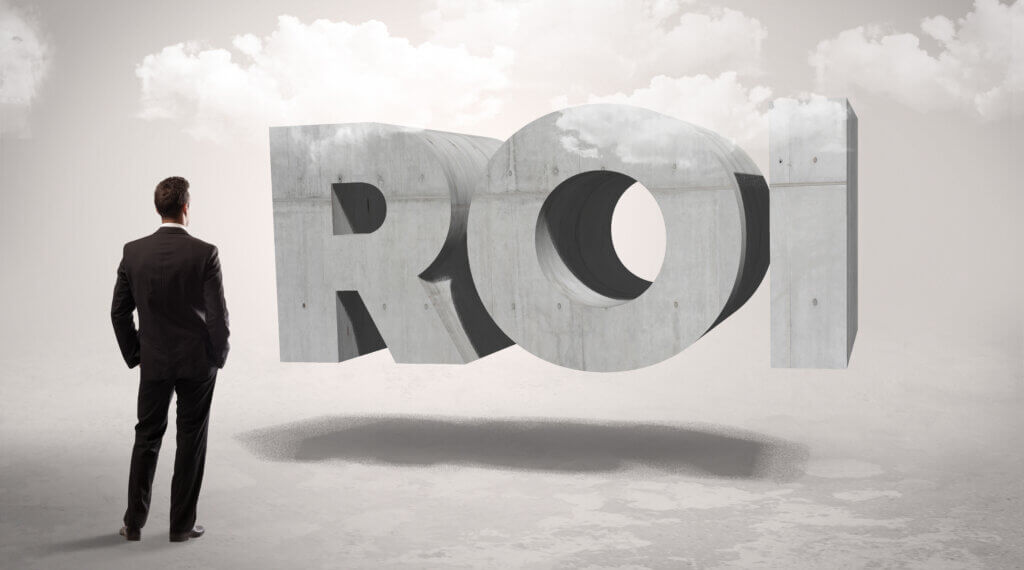 Illustration of construction business man from behind staring at a large floating text that reads ROI.